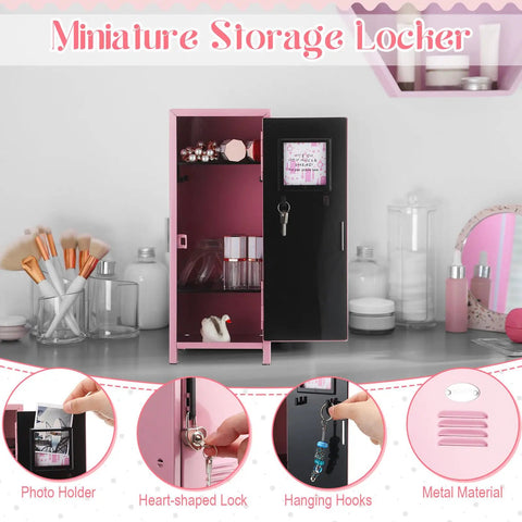 Fresh Pink Metal Mini Locker With Secure Lock And Keys Compact Desktop Organizer For Home Office Decor shown open with hanging hooks and photo holder.