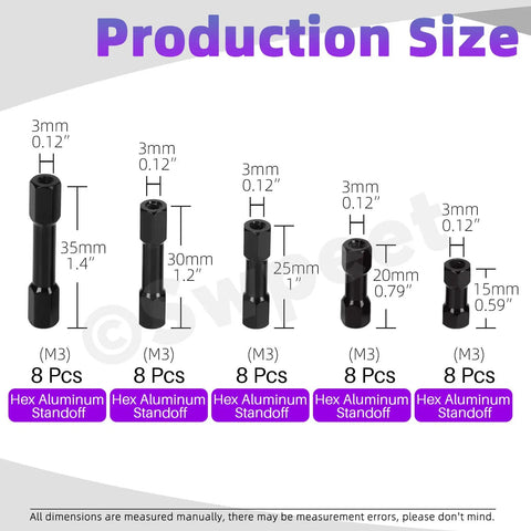 Diagram showing Six Sizes M3 Aluminum Hex Standoff Spacer Set, 48 Pieces With Eight 10mm 15mm 20mm 25mm 30mm 35mm Spacers.