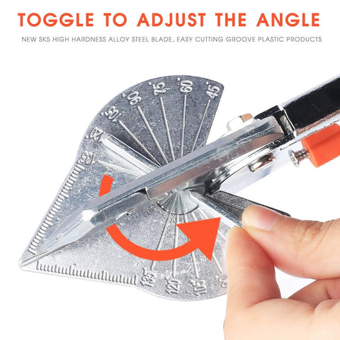 Close-up of Replaceable Blade Miter Shears for Molding and Trim, showing adjustable angle gauge and durable build