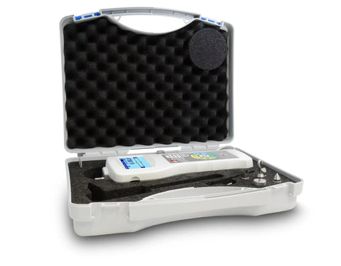 Pro Grade Digital Force Gauge With 2 Lb Capacity And 0.0005 Lb Resolution For Tension Or Compression, Built In MicroSD Card, USB And RS232 Interfaces, Peak And Multi Peak Detection, Backlit LCD With Auto Rotate Display in carrying case