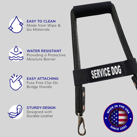 Heavy Duty Leather Bridge Handle For Service Dogs Featuring Solid Steel Core Reflective Trim Ergonomic Dual Ring Harness Compatible 16 Inch Badass Pup Parent Guide Tool