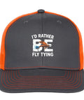 I Would Rather Be Fishing Vintage Style Hat For Outdoors Unisex Lightweight Sport Trucker Cap with fly tying graphic, front view