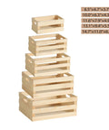 Vintage Rustic Wood Crates Set Of Five Nesting Storage Boxes With Open Handles, shown in stacked order and varying sizes.