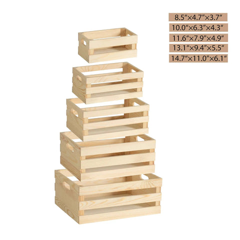 Vintage Rustic Wood Crates Set Of Five Nesting Storage Boxes With Open Handles, shown in stacked order and varying sizes.