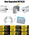 Exploded view of upgraded MY1020 motor parts, with specifications like 48V DC, 2000W, and 5700 RPM in text below images.