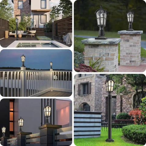 Two Pack 17 Inch Outdoor Post Light Fixtures With Motion Sensor And Dusk To Dawn, Black Pillar Lanterns on porch and yard pillars