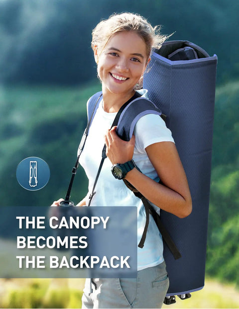 Person carrying foldable Beach Chair With Canopy Shade as backpack in outdoor setting, showing portable feature for camp and tailgating.