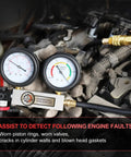 JIFETOR cylinder leak-down tester kit with dual pressure gauges and hoses installed on car engine bay