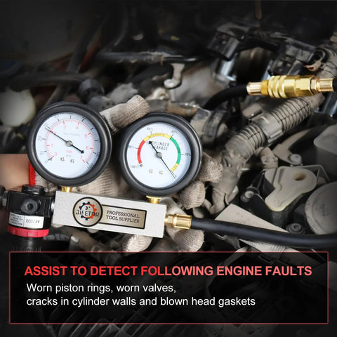 JIFETOR cylinder leak-down tester kit with dual pressure gauges and hoses installed on car engine bay
