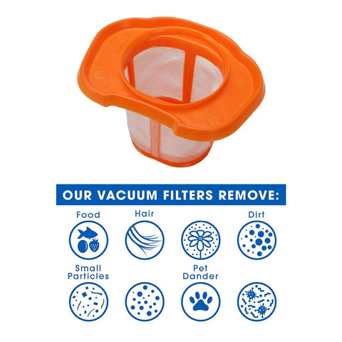 Orange Six Pack HHVKF10 Vacuum Filter Replacements For HHVK Series Compatible With HHVK320J10 shown with debris removal icons