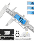 Six Inch Digital Caliper With Rechargeable Battery Backlit LCD Screen Stainless Steel Measuring Tool and accessories