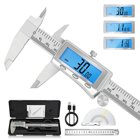 Six Inch Digital Caliper With Rechargeable Battery Backlit LCD Screen Stainless Steel Measuring Tool and accessories