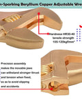 Non-sparking beryllium copper adjustable wrench from 36 Piece Non Sparking Tool Set For Pro Grade Jobs With Double Open End Wrenches, Combination Wrenches, Pipe Wrench, Ball Pein Hammer, Beryllium Copper Build, Non Magnetic, Corrosion Resistant, DIN Standard BAM Certified, showing hardness and precision assembly details