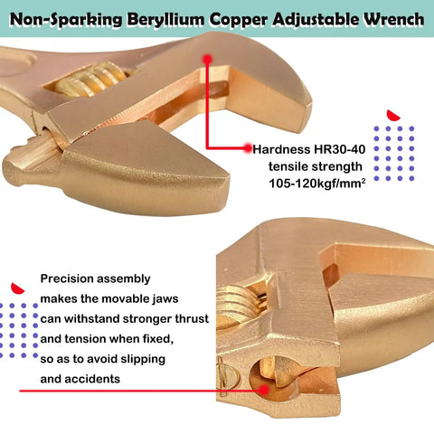 Non-sparking beryllium copper adjustable wrench from 36 Piece Non Sparking Tool Set For Pro Grade Jobs With Double Open End Wrenches, Combination Wrenches, Pipe Wrench, Ball Pein Hammer, Beryllium Copper Build, Non Magnetic, Corrosion Resistant, DIN Standard BAM Certified, showing hardness and precision assembly details