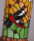 Close-up of dragonfly design on Dragonfly Tiffany Style Stained Glass Mini Table Lamp With Cylindrical Shade 10 Inch Tall Handmade