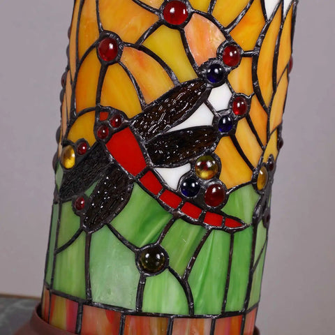 Close-up of dragonfly design on Dragonfly Tiffany Style Stained Glass Mini Table Lamp With Cylindrical Shade 10 Inch Tall Handmade