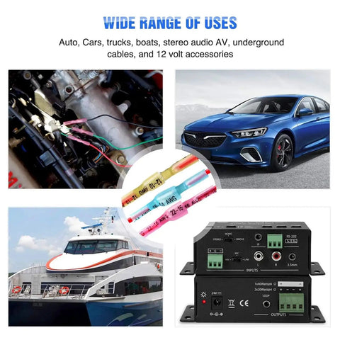 Rock Solid 135 Piece Heat Shrink Wire Connector Kit Featuring Waterproof Ring Fork Hook Spade Butt Terminals For Tough Automotive Electrical Wiring Jobs That Install No Sweat At All, shown in use across various vehicles and connections.