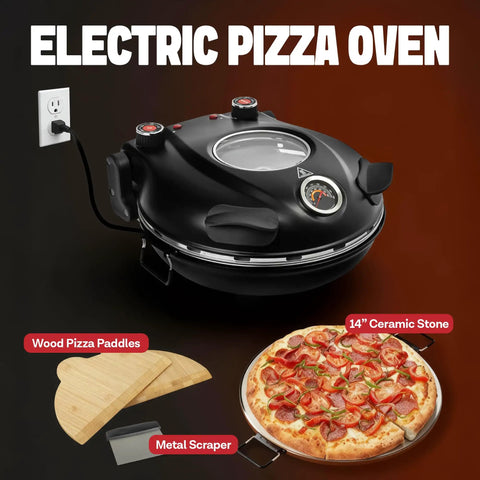 14 Inch Electric Indoor Pizza Oven With Stone For Crispy Crust Pizza Heats To 800F And Cooks In Under 6 Minutes, countertop with peels