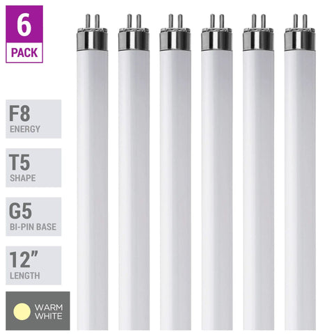 6 Pack T5 Fluorescent Bulbs F8T5 WW 8W 12 Inch Warm White 3000K Long Life Lamps Easy Install For Under Cabinet Lighting