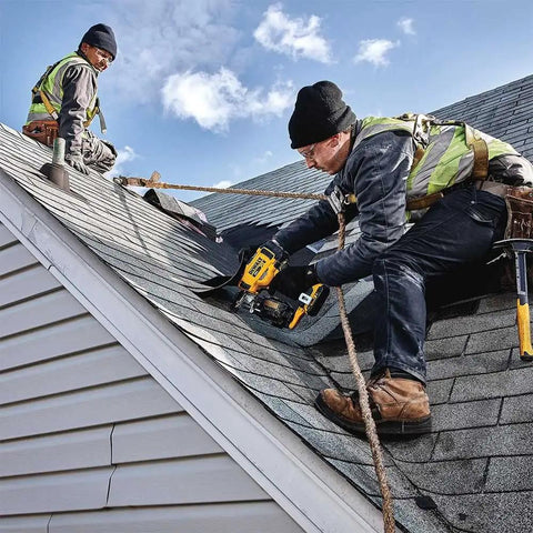 Roofers using 20V Max Brushless 15 Degree Cordless Roofing Nailer With Tool Free Nail Tray Battery Powered Yellow And Black on roof