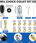 Dremel Compatible Pro Grade Drill Chuck Collet Set, 16 Piece Replacement Kit including size chart, brass collets, keyless chuck.