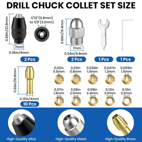 Dremel Compatible Pro Grade Drill Chuck Collet Set, 16 Piece Replacement Kit including size chart, brass collets, keyless chuck.