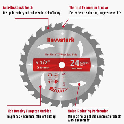 Revvstark 5-1/2in carbide circular saw blade, 24T, 10mm arbor, wood/plastic use, front view