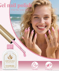 Model wearing Hema Free Gel Nail Polish in light pink at the beach, UV/LED lamp required for manicure and nail art long lasting finish