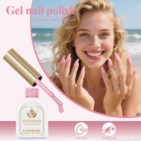 Model wearing Hema Free Gel Nail Polish in light pink at the beach, UV/LED lamp required for manicure and nail art long lasting finish