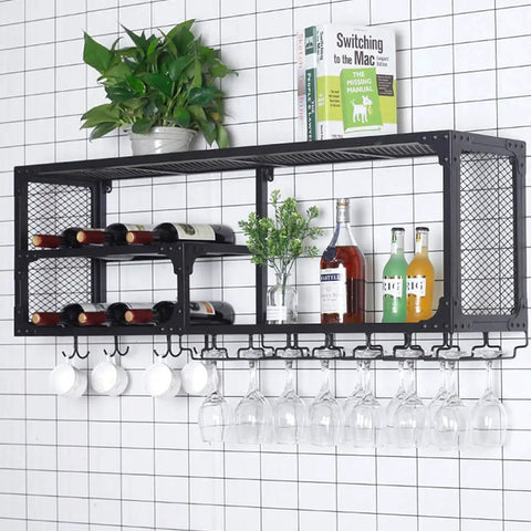 Industrial Wall Mounted Wine Rack With Stemware Holders Two Tier Iron Bar Shelf Bottle Display For Home Kitchen Decor with wine and glasses.