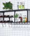 No Fuss Wall Mounted Wine Rack And Glass Holder Solid Two Tier Iron Bar Storage Setup For Modern Kitchen Home Decor, featuring wine bottles and glasses.