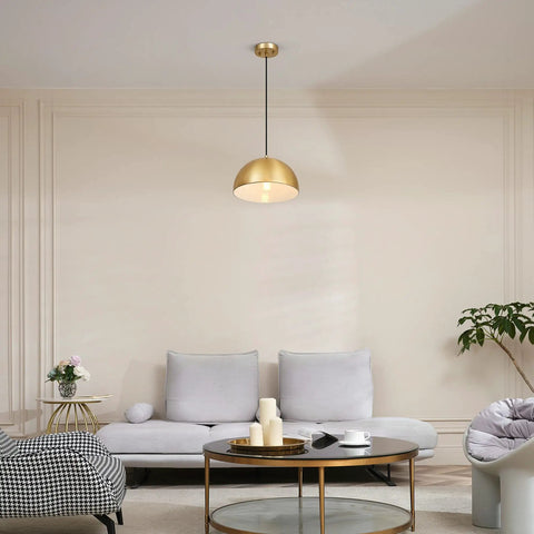 Living room with Hazel 1-Light Pendant Light In Matte Brass With Black Fabric Cord, Retro Dome Shade Ceiling Fixture