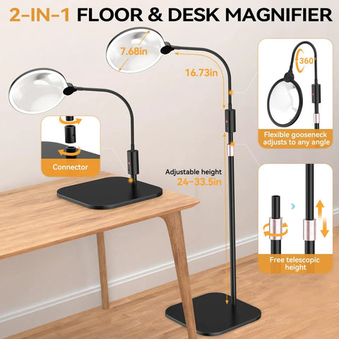 10X Magnification LED Lighted Magnifier With Stand And 7 Inch Lens For Reading And Detail Work, Rechargeable Floor Or Desk Lamp