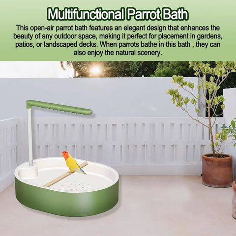 Parrot Shower Bath With USB Pump, Automatic Water Circulation Fountain For Parakeets And Pet Birds on patio with plant