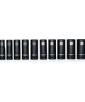 One Half Inch Drive Deep Impact Grade Thin Wall Socket Set with sizes labeled and arranged in a row, chromoly steel construction.
