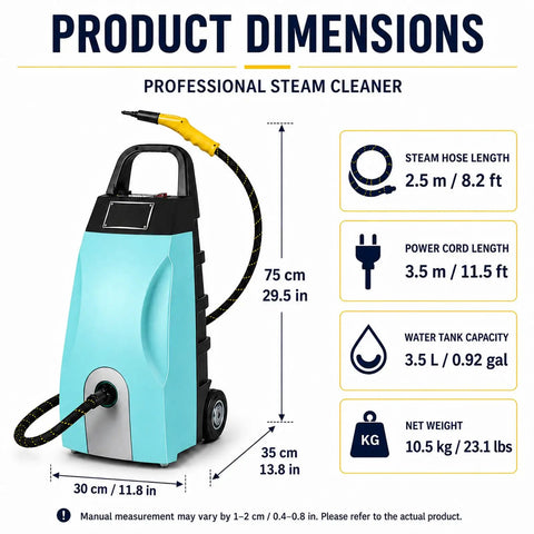 Pro 3000W Heavy Duty Steam Cleaner With 3.5L Tank For Intense Heat And Pressure Cleaning Adjustable Flow Control For Floors Tiles And Surfaces Blue, including dimensions and hose details.