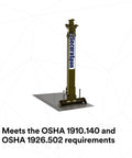 Rugged Steel Horizontal Lifeline System With Plug And Play Stanchion Base For Rebar Or Shear Stud Anchors on a concrete base.