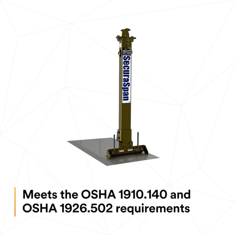 Rugged Steel Horizontal Lifeline System With Plug And Play Stanchion Base For Rebar Or Shear Stud Anchors on a concrete base.