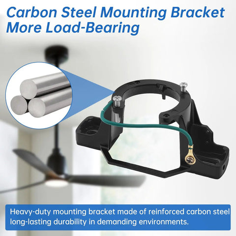 Universal Ceiling Fan Mounting Bracket Kit with decorative cover, carbon steel for 1 inch down rod and 30 degree slope, shown with hardware.