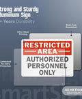 Restricted Area Authorized Personnel Only Heavy Duty Rustproof Aluminum Safety Sign 10 By 14 Inch on a gray background.