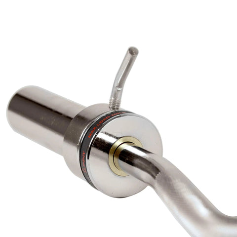 Close-up of 48 Inch Olympic Curl Bar With Rotating Sleeves And Ring Collars For Home Gym, Diamond Knurled Handle, Holds Up To 200 Lb