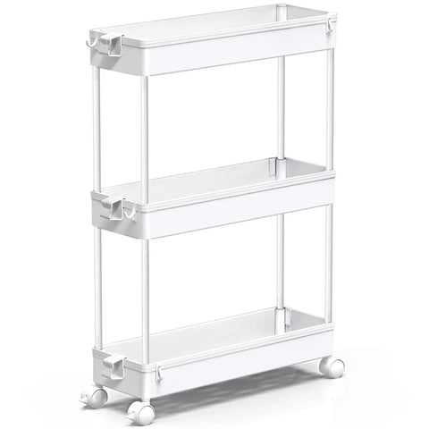 Slim 3 Tier Rolling Storage Cart With Removable Shelves, The Ultimate Space Saver For Kitchen, Bathroom, Laundry Or Office, A Compact Mobile Shelving Unit That Slips Into Narrow Spaces, White