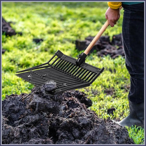 Person using Beefy Pair Heavy Duty Horse Manure Fork Heads For 1 Inch Handles Workhorse Pitchfork Replacement Heads outdoors.
