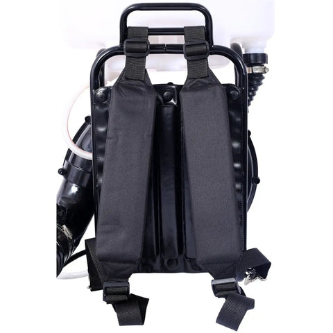 Back view of Gas Powered Backpack Sprayer And Cold Fogger with 51.7cc engine showing cushioned straps and tank piping.