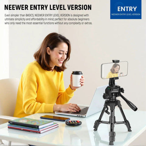 Woman using Beginner Friendly Mini Desk Tripod For iPhone DSLR Camcorder at desk with laptop and coffee cup.