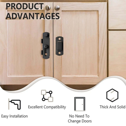 3 Pack Barn Door Lock Kit Stainless Steel Gate Flip Latch installed on cabinet, highlighting product advantages and design features.