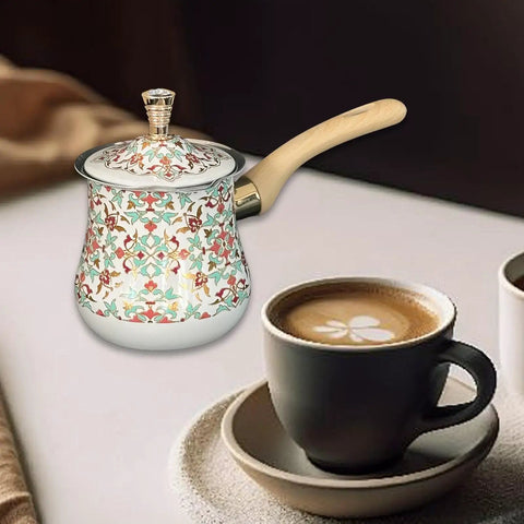Stainless Steel Turkish Coffee Pot And Milk Warmer With Long Wooden Handle, Multipurpose Butter Melter, 550ml, Red Pattern, on table