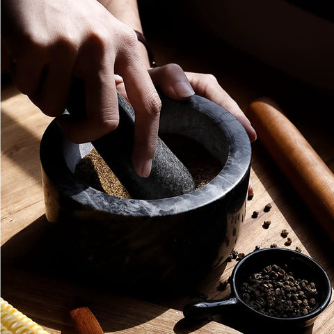 Using Granite Mortar And Pestle Set With Gold Metal Base 2 Cup Capacity For Making Fresh Guacamole Salsa Pesto And Spices