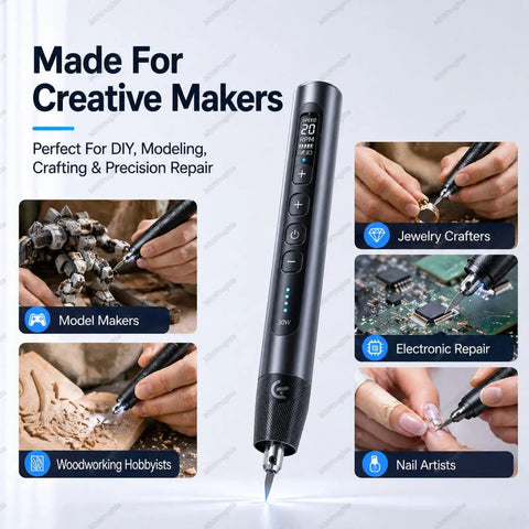 Cordless Ultrasonic Cutter Knife With LED Light used for model making, woodworking, jewelry crafting, and electronic repair.