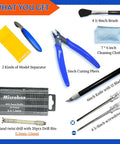 64 Piece Ultimate Hobby Model Tool Kit For Miniature Builds And Gundam Projects, showing pliers, separators, and drill bits display